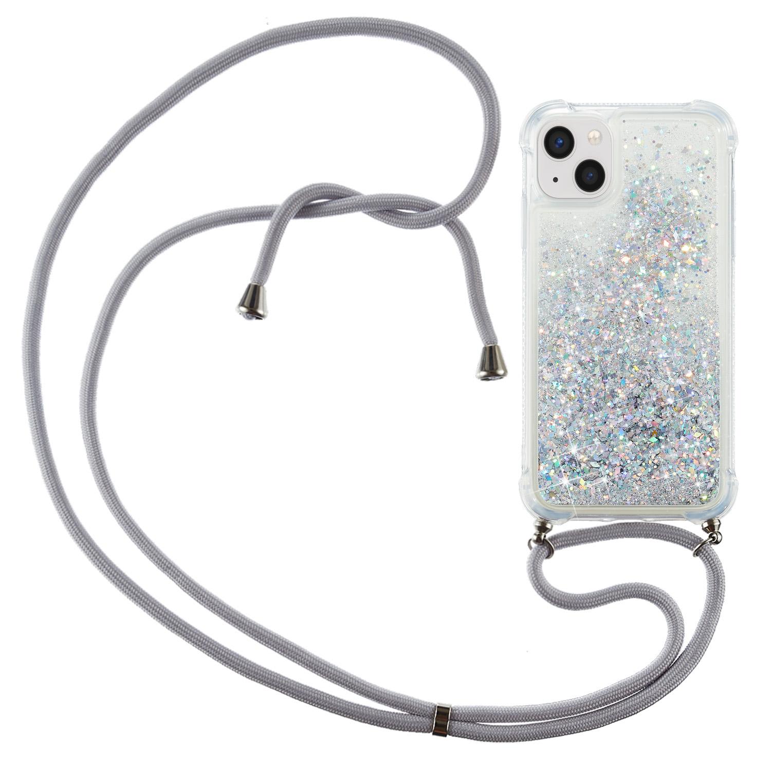 

Mobile Phone Cover For iPhone 15,Liquid Sequins Case TPU Cell Phone Shell with Long Strap Silver