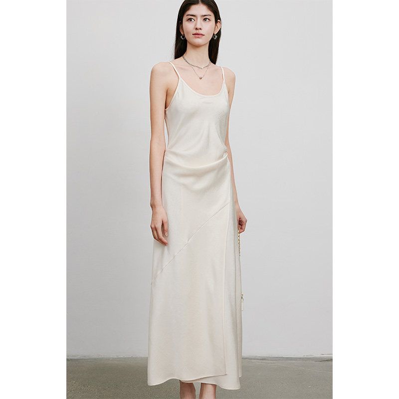 

Xiudu Ruched Texture Female Summer Sling Dress Champagne L