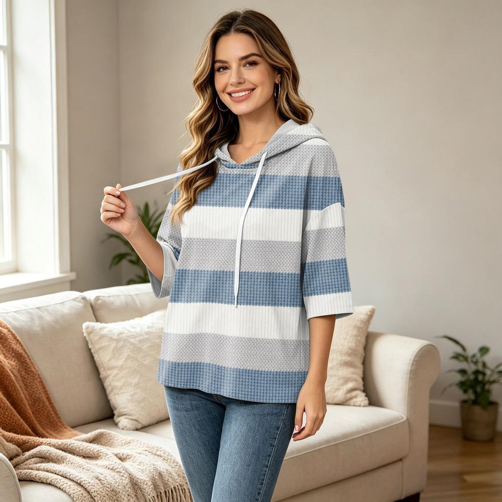Damen Casual Kapuzen-T-Shirt mit 3/4-Ärmel und geometrischem Aufdruck