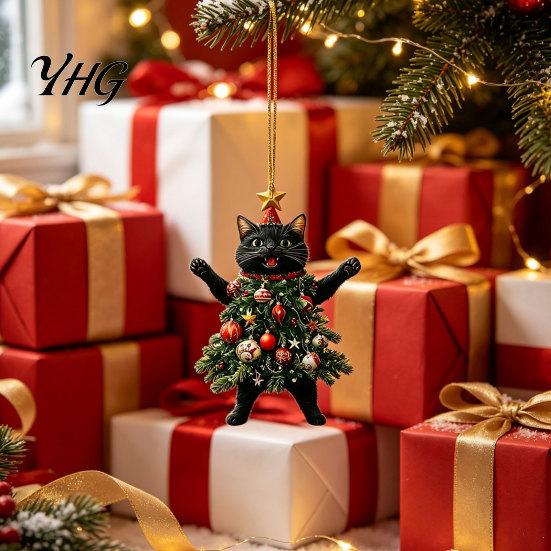 Cute Animal Tree Decor 2Pcs Christmas Cat Acrylic Ornament, 2D Flat Kitty Hanging Pendant with Indoor Holiday Ornaments Santa Hat Decor, Car Rearview