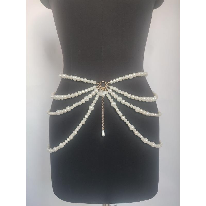 Multi-layered tassel side chain waist chain with pearls of different thicknesses. waist chain