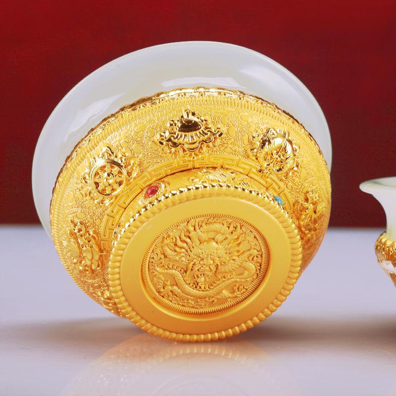 Bol à Ghee Tibétain Doré Alliage de Zinc Coupe d'Eau Bénite Tantrique 10cm Grande Taille Bol Bouddhiste en Pierre Gravé Cadeau Décoratif de Bureau