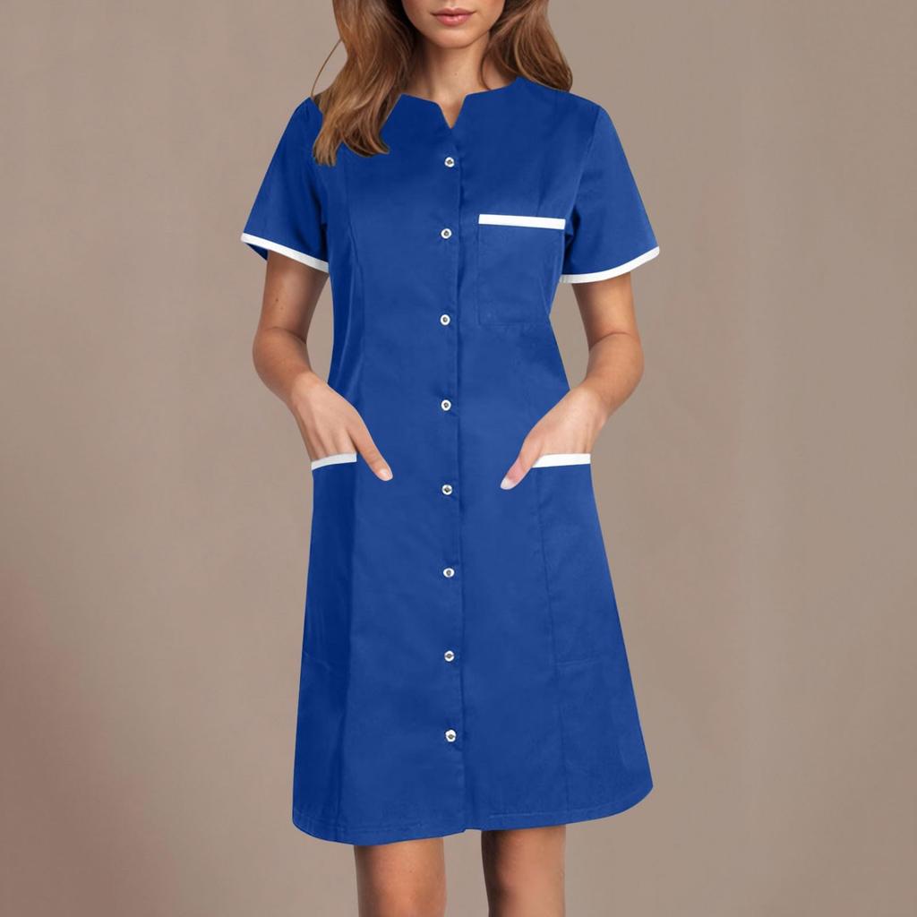 Women's Casual Workwear Solid Color V Neck Short Sleeved Button Pocket Loose Caregiver Dress