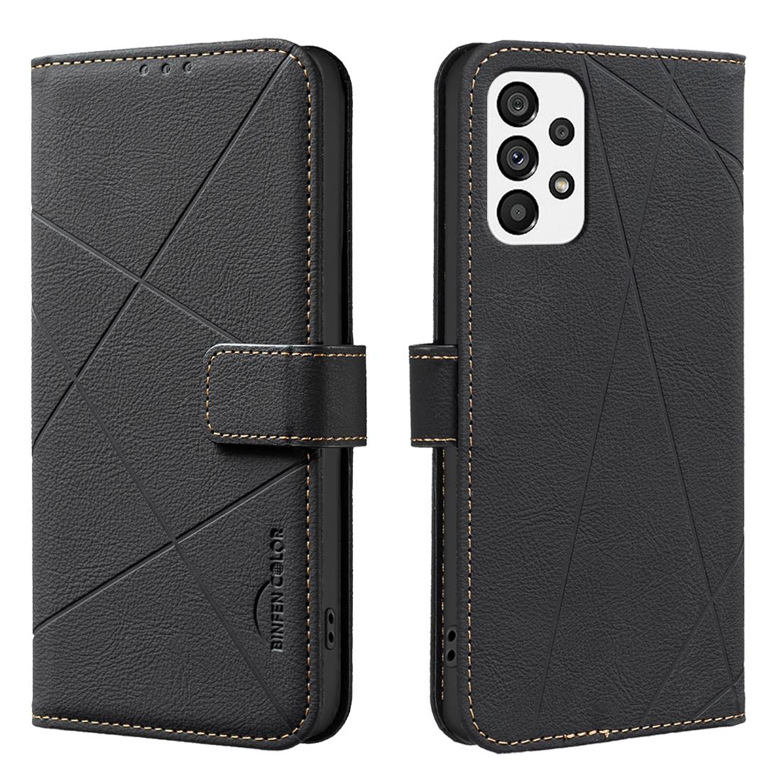 

For Samsung Galaxy A53 5G Case BINFEN COLOR BF35 Geometry Imprinted Leather Phone Cover RFID Blocking Wallet Stand Black