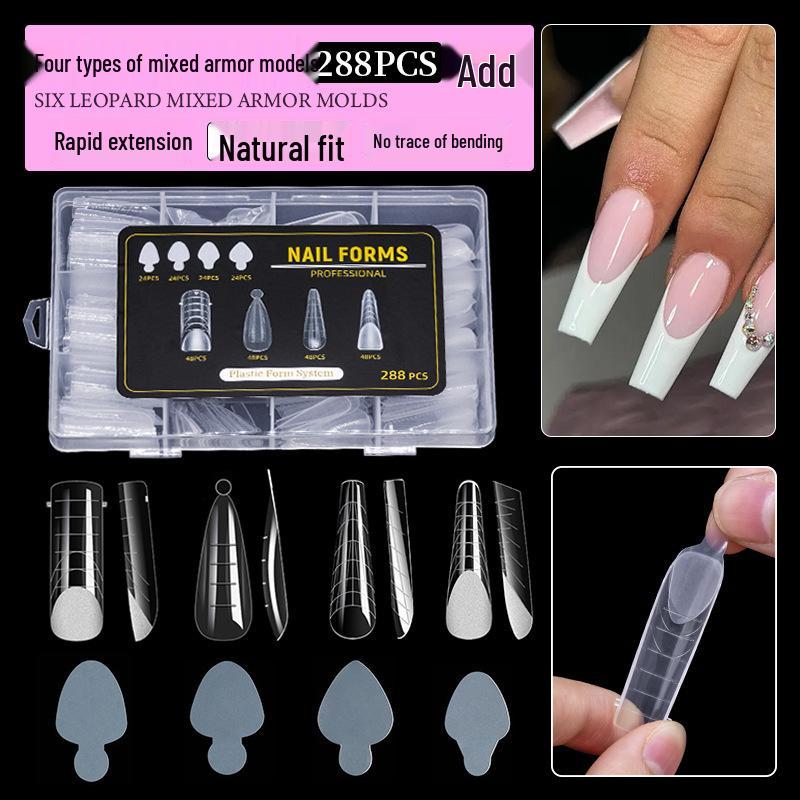 288PCS Mix of 4 Transparent Nail Art Molds for Acrylic Gel Extensions, No Paper Tray
