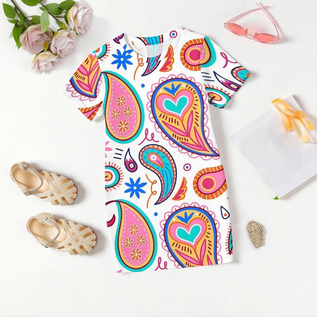 Girls Print Casual Dress Kids Loose Round Neck Short Sleeve Thin Sundress