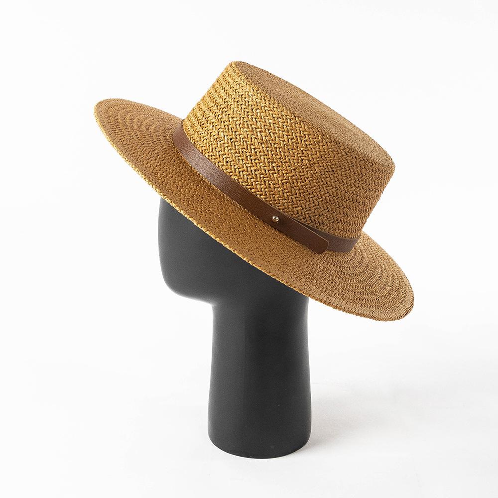 Spring and summer new fashion belt buckle paper grass wide brim flat top straw hat women outdoor shopping shade straw hat tide