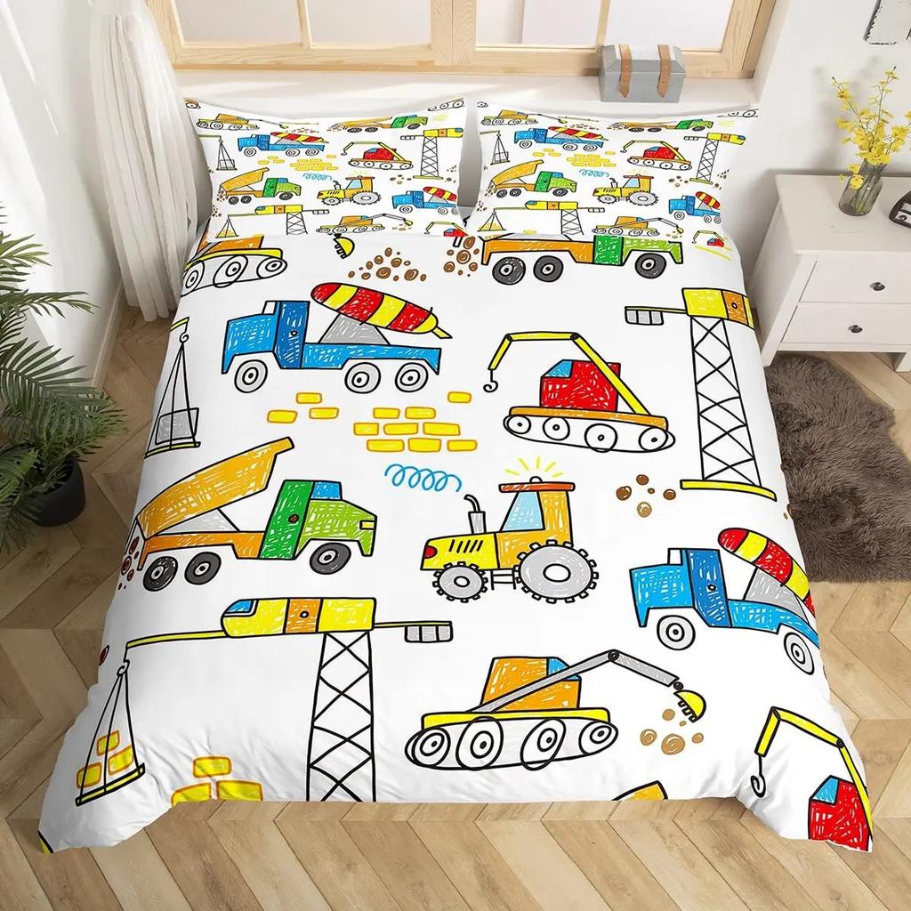 Cartoon Tractor Trucks King Queen Duvet Cover Construction Vehicle Bedding Set Excavator Quilt Cover Polyester Comforter Cover