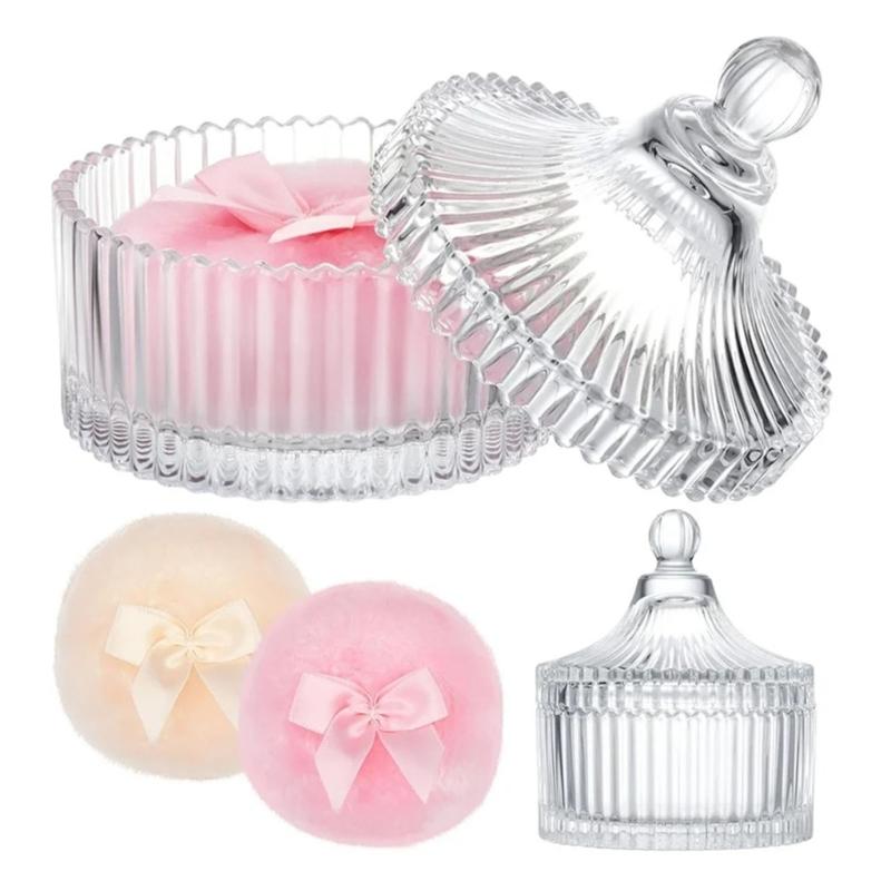 Large Body Powder Puff Glass Storage Jar With Dustproof Lid For Cosmetic Cotton Swabs Makeup Equipment