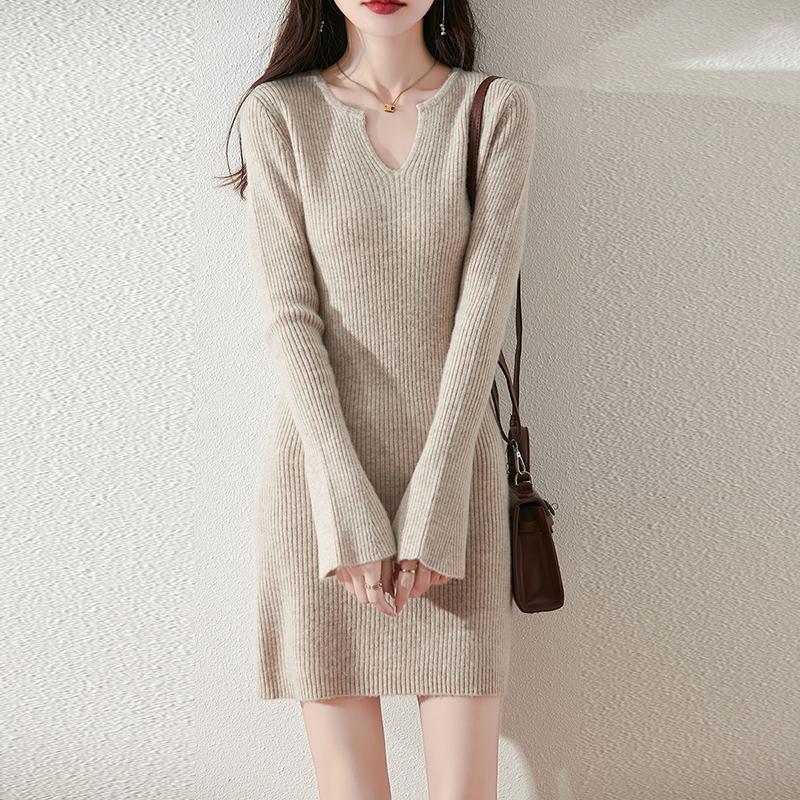 Women Sweater Dress 100% Wool V-neck Knit Long Pullover Winter Jumpers Wool Long Dress Female