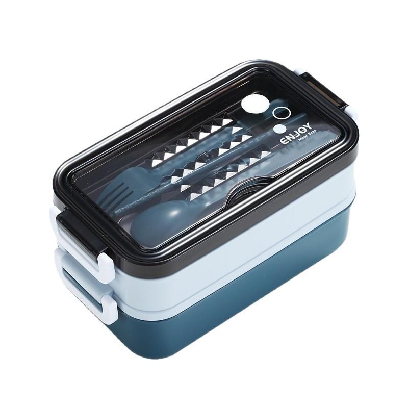 Rectangular Double-Layer Microwaveable Plastic Bento Lunch Box with Cutlery