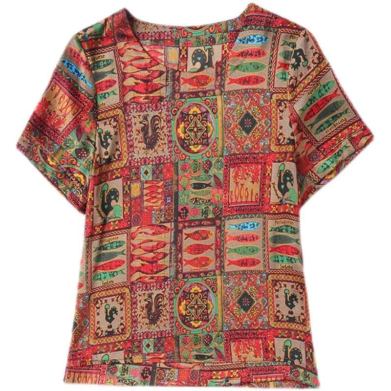 Letní triko s ledovým hedvábím Dámské tričko s krátkým rukávem Tričko velké velikosti Spodní část Potisk Etnický styl Nové oblečení pro matky středního věku