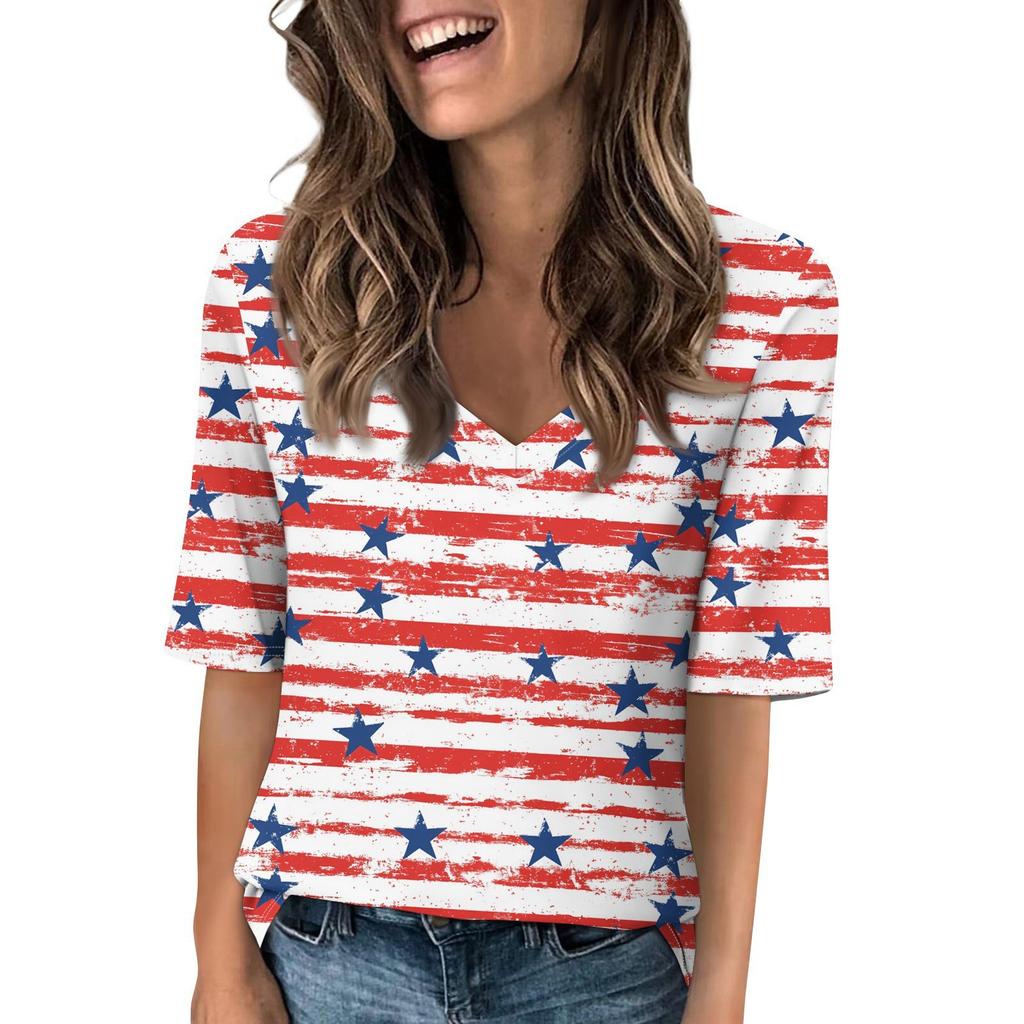 Women's V Neck T Shirts Half Sleeve Tops Printed Casual Summer Tees T Shirt Blouse