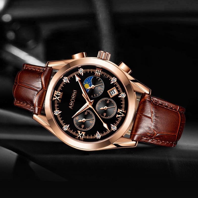 ABORNI Luxus Herren Chronograph Armbanduhr Wasserdicht Leuchtend Herrenuhr Leder Hohe Qualität Sport Herren Quarzuhren