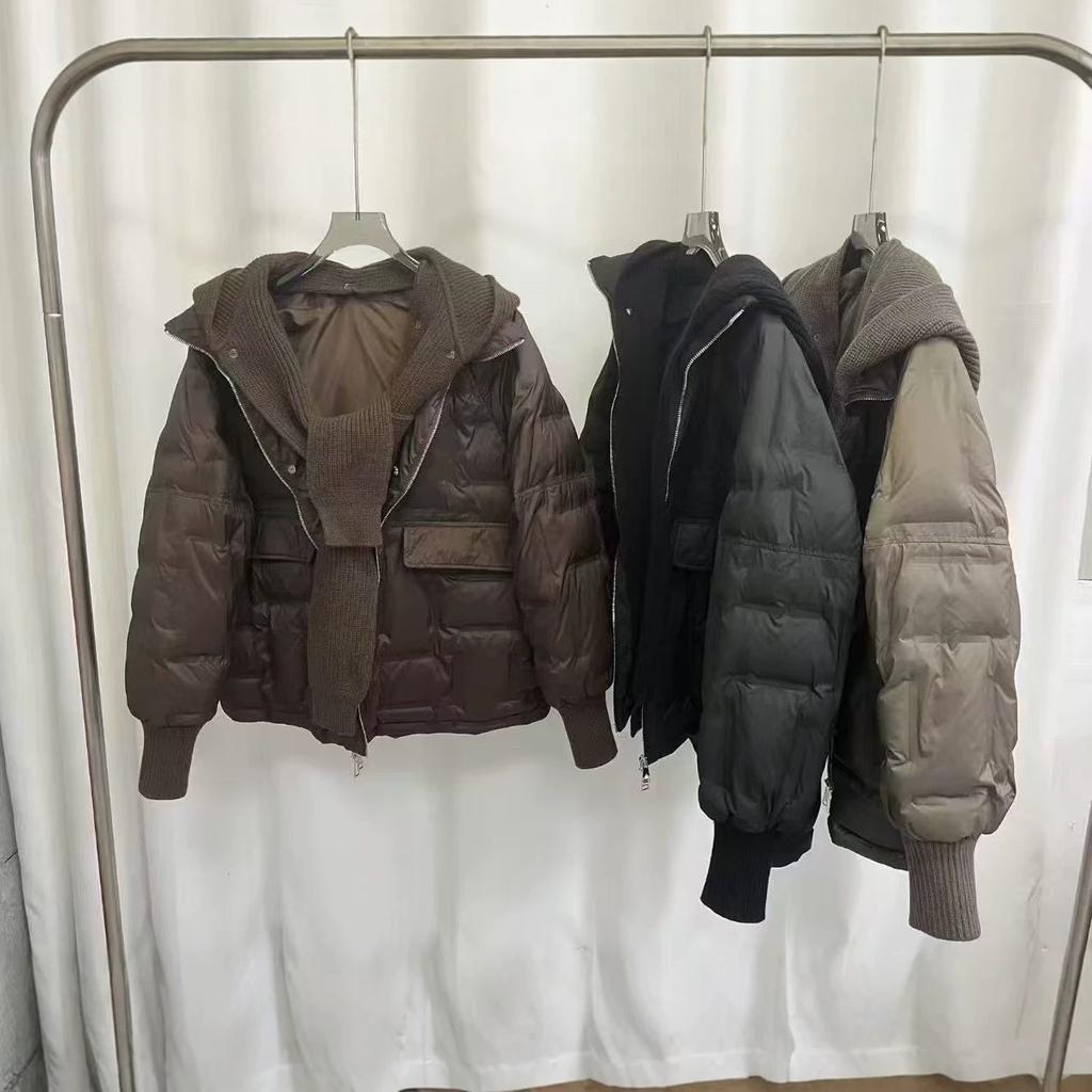Autumn and Winter New Knitted Hat Splicing Down Jacket Women's Short Loose Fashion White Duck Down Jacket Tide