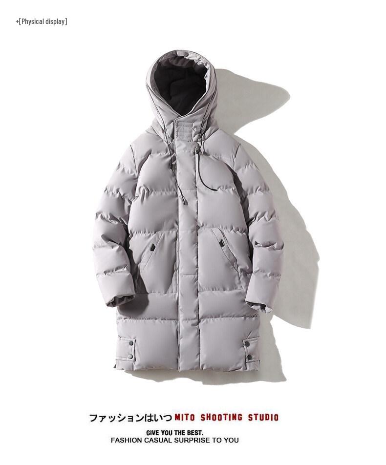 Men's Winter Hooded Mid-length Cotton-padded Jacket - Thick, Loose-fit Outerwear.