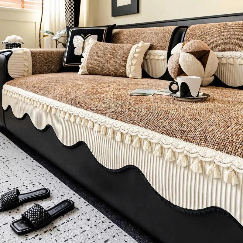 

1PC Chenille Sofa Cushion Tassels Soft Luxury Couch Slipcover Non-Slip All Seasons Universal Sofa Mat Pad for Living Room Decor A 70x70cm 1pc
