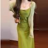 French Green Spaghetti Strap Dress for Women, New Summer Seaside Vacation-style Long Skirt, Casual and Slimming Outfit