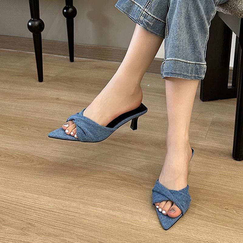 Liyke Été Bas Talons Hauts Fins Femmes Pantoufles Mode Plissé Cuir Enfiler Dames Extérieur Robe Sandales Slides Chaussures