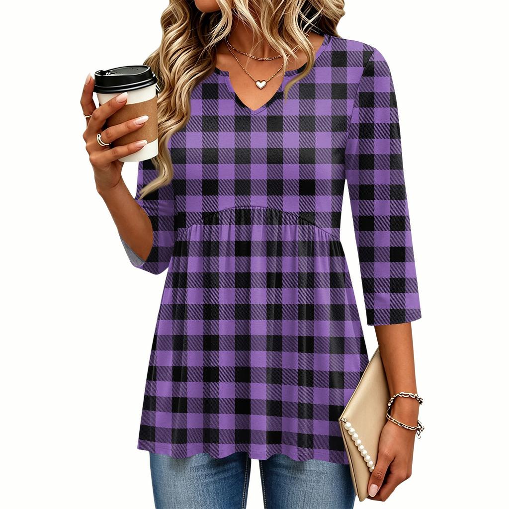 Women's Casual Plaid Print V-Neck Blouse with Three-Quarter Sleeves for Everyday Outfits