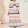 Women Plus Size Two Piece Dress Set Abstract Printed Tie Neck Three Quarter Sleeve Sleeveless Long Dress