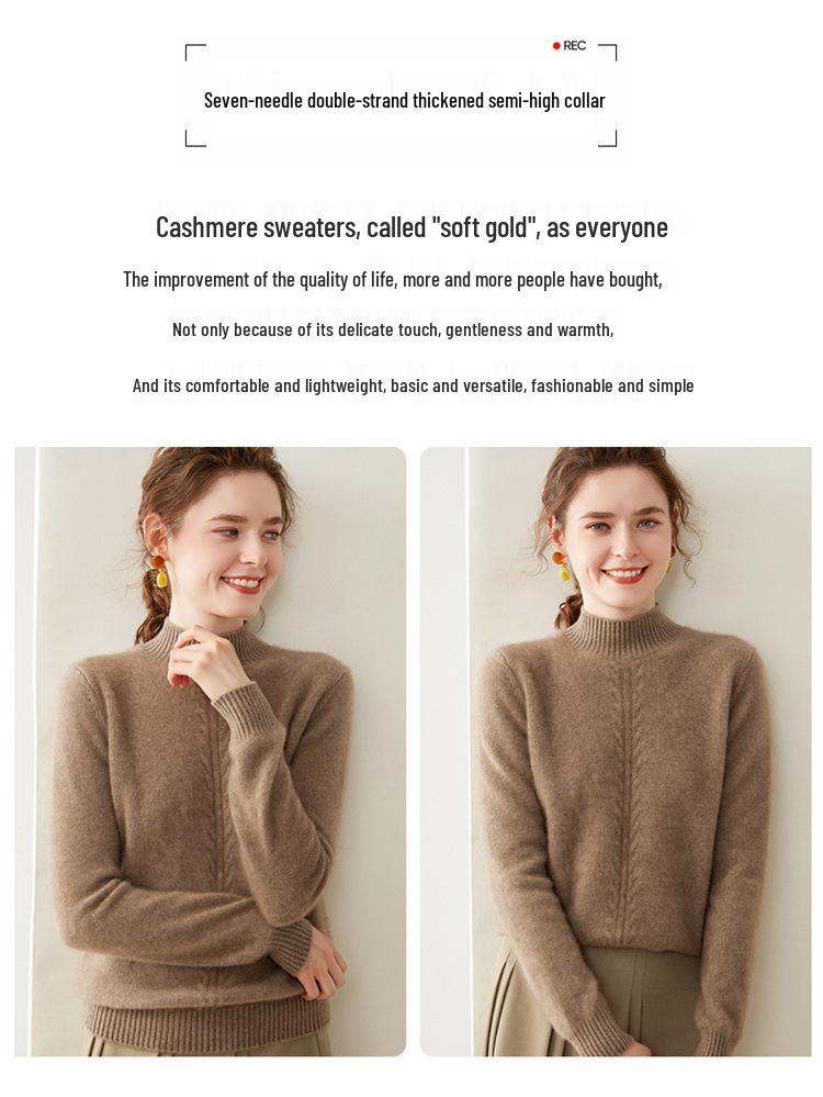 Women's High Neck Cashmere Sweater - Thick Knit Solid Color Jacquard Pullover for Autumn and Winter