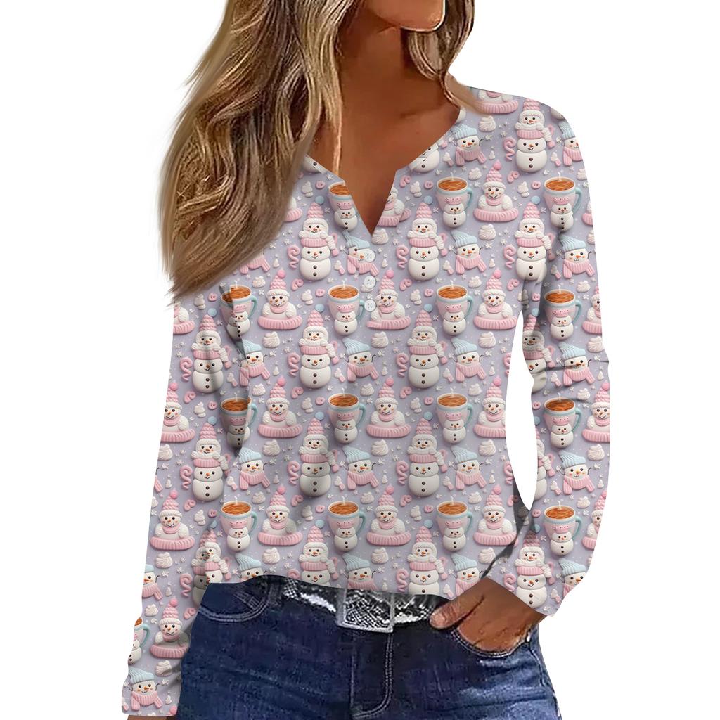 Women's Fashion Casual V-Neck Button-Up Long-Sleeve T-Shirt With Christmas Print Top