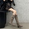 2025 autumn and winter French retro suede low-heeled over-the-knee boots women's thick-heeled pointed-tipped pleated stacked tall women's boots