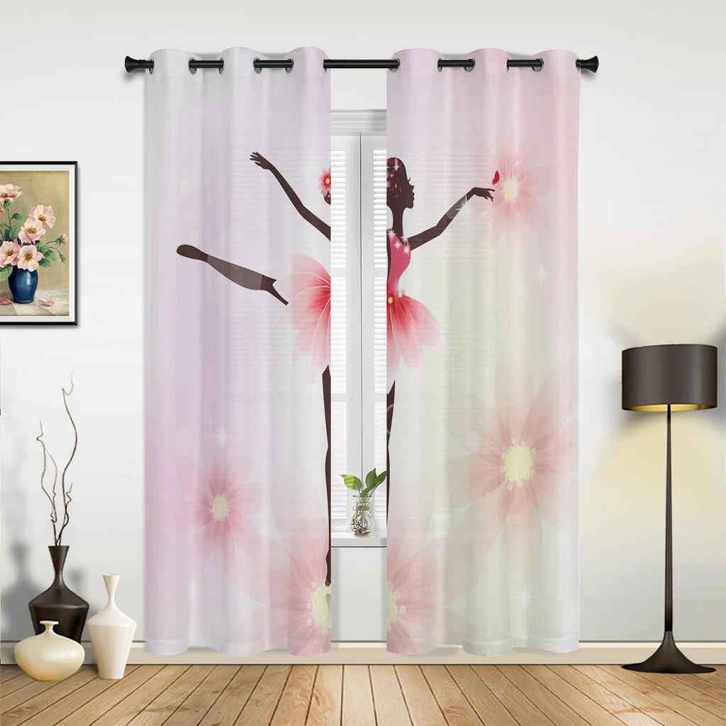 Niña Bailarina de Ballet Flor Rosa Mariposa Cortinas para Dormitorio Sala de Estar Cortinas Cocina Ventana Infantil Decoración del Hogar