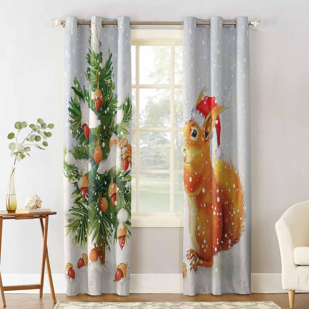 Weihnachtsbaum Eichhörnchen Schneeflocke Aquarell Verdunkelungsvorhänge Für Wohnzimmer Schlafzimmer Fensterdekoration Jalousien Vorhänge