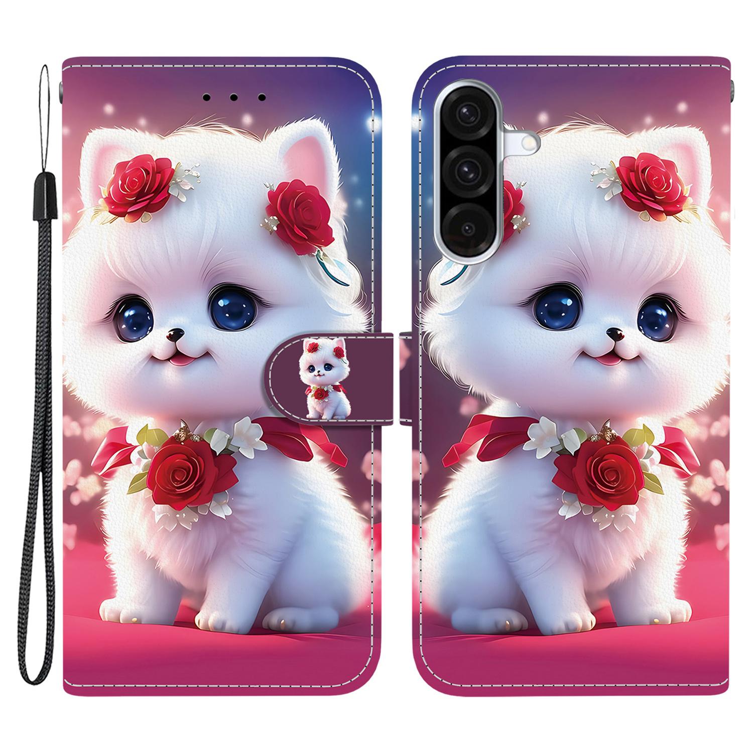 

For Samsung Galaxy A36 5G Leather Case Stand Wallet Pattern Printing Phone Cover with Wrist Strap Rose Cat