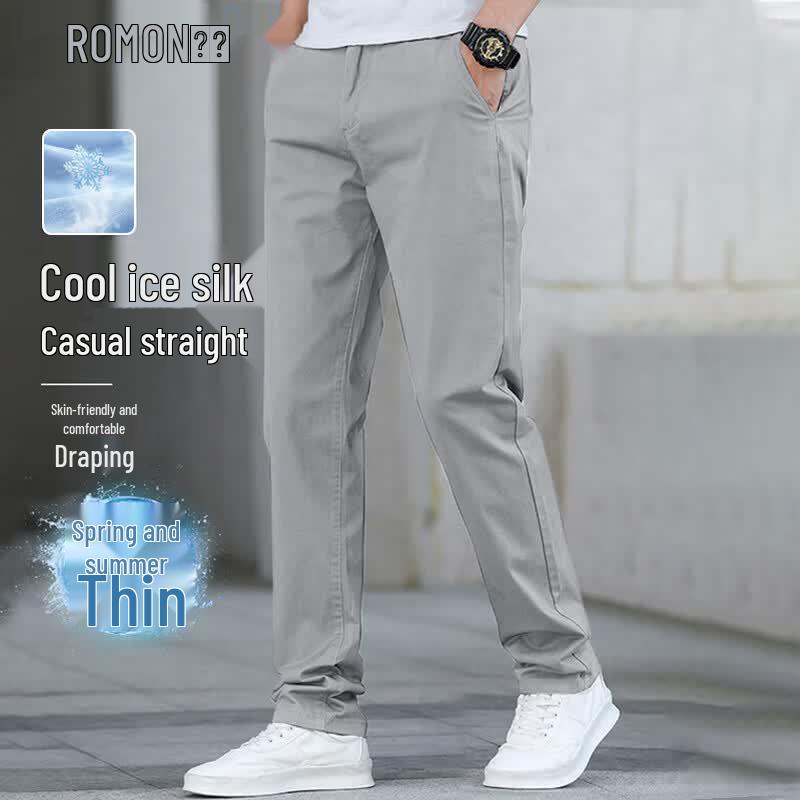 Romon Men s Ice Silk Straight Fit Casual Trousers 30