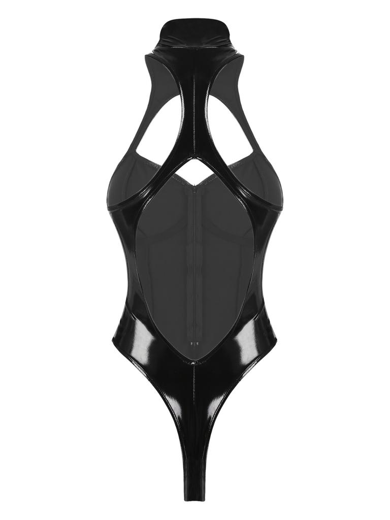 Dámský klubový kostým na pódium Mokrý vzhled Lakovaná kůže Body bez rukávů Zip Mock Výstřih výstřih Catsuit