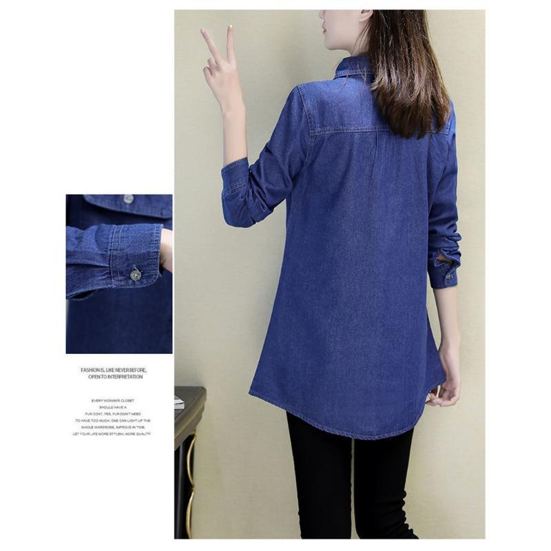 Damen Koreanischer Stil Locker Langarm Denimhemd Lässig Arbeits-Oberbekleidung