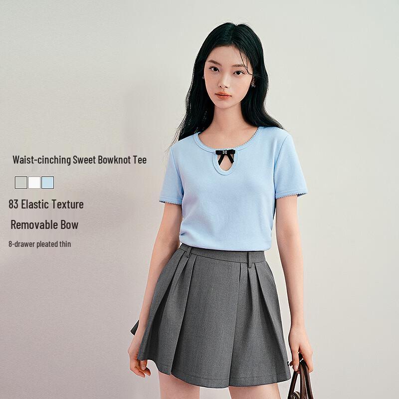 Ledin Miu-Style Openwork Detachable Bow Ruched T-Shirt M