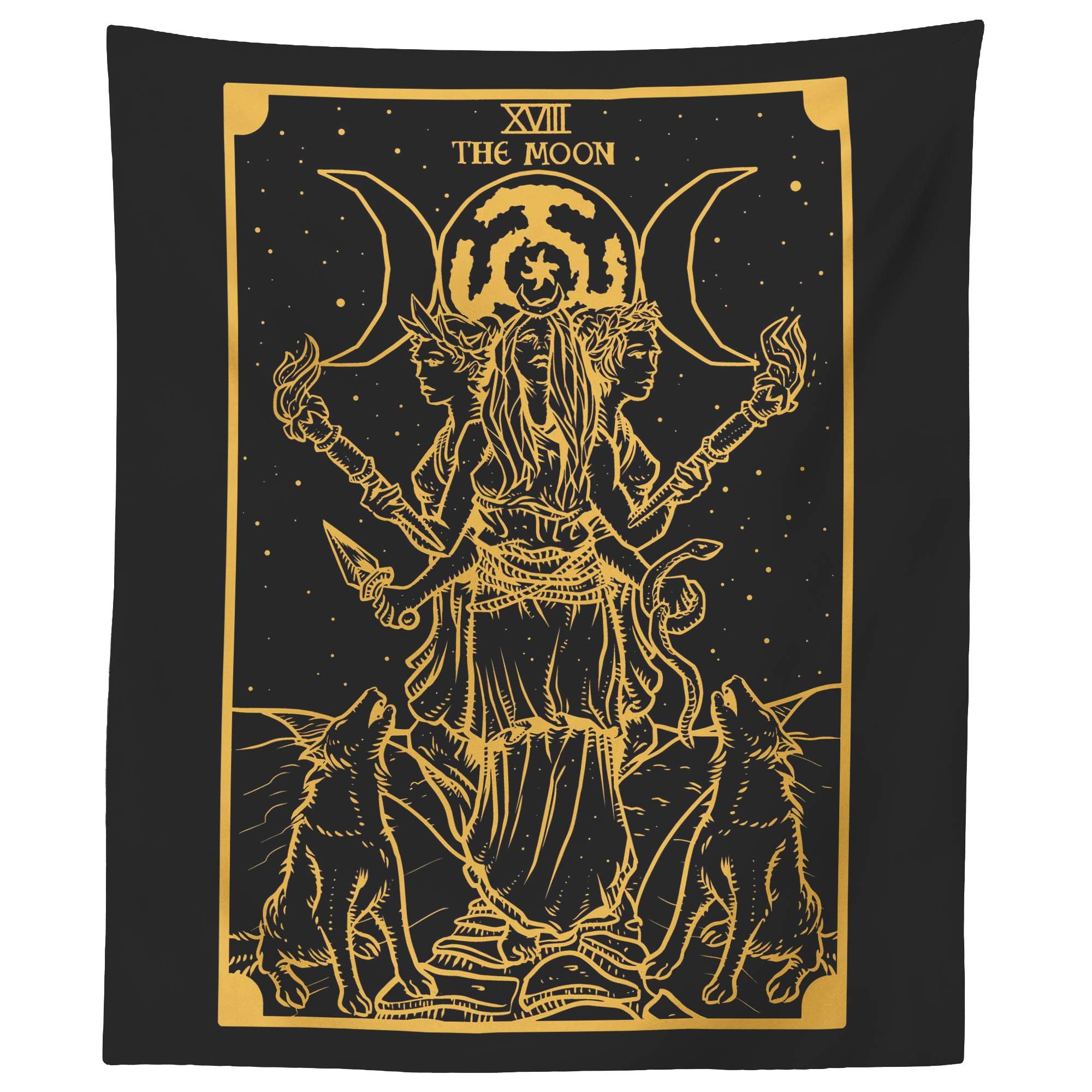 The Moon Tarot Tapestry, Triple Hecate Goddess with Wolves Print, Wall Hanging for Witchy & Dark Aesthetic Home Decor 70x100CM