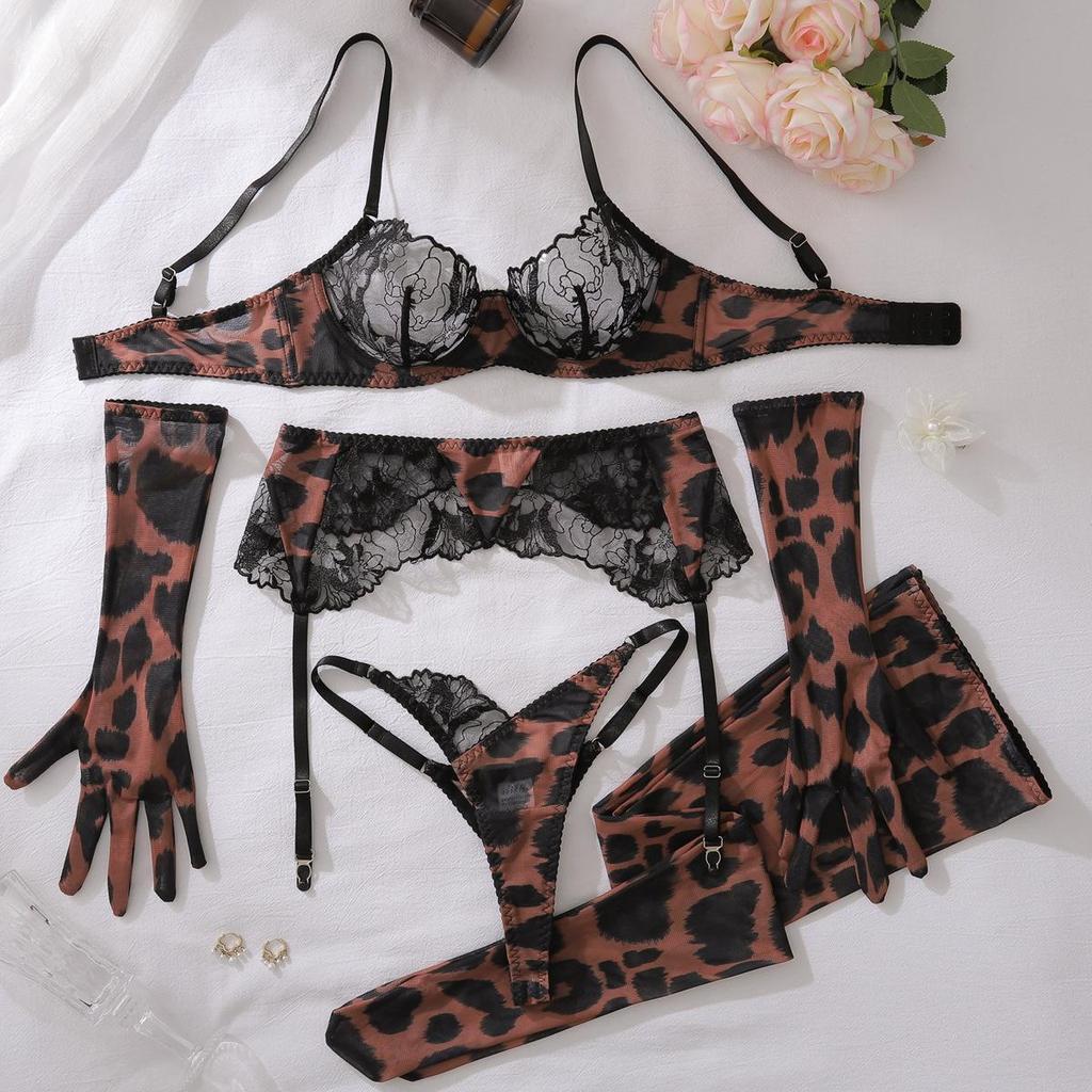 Sexy Damen-BH-Set Leopardenmuster Spitze Spleißung Dessous Mode Bequem 5-teiliges Dessous-Set