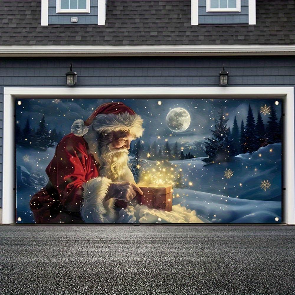 Garage banner - Santa Claus glowing snow scenery with gifts and snowflakes with built-in lighting for winter decoration