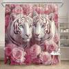 Tiger und Rose Duschvorhang 180x180cm – Weißer Tiger mit Blauen Augen, Rosa Blumendekor für das Badezimmer, 12 Haken