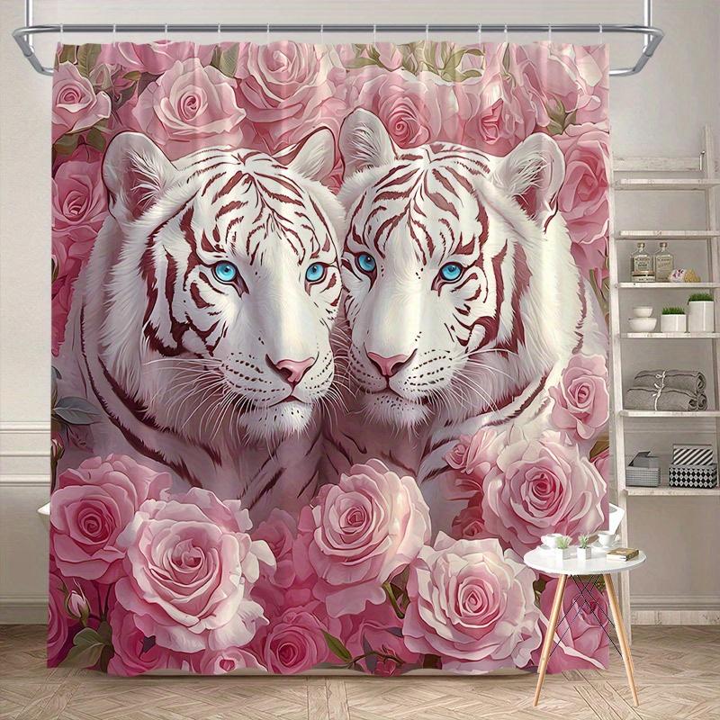 Tiger und Rose Duschvorhang 180x180cm – Weißer Tiger mit Blauen Augen, Rosa Blumendekor für das Badezimmer, 12 Haken