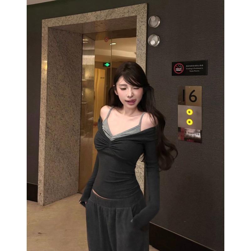 

260g Cotton Modal Color Block Fake Two-Piece Long-Sleeve Women s T-Shirt, Winter Sweet Spicy Girl Slim-Fit Ruched Top L сірий колір/чорний