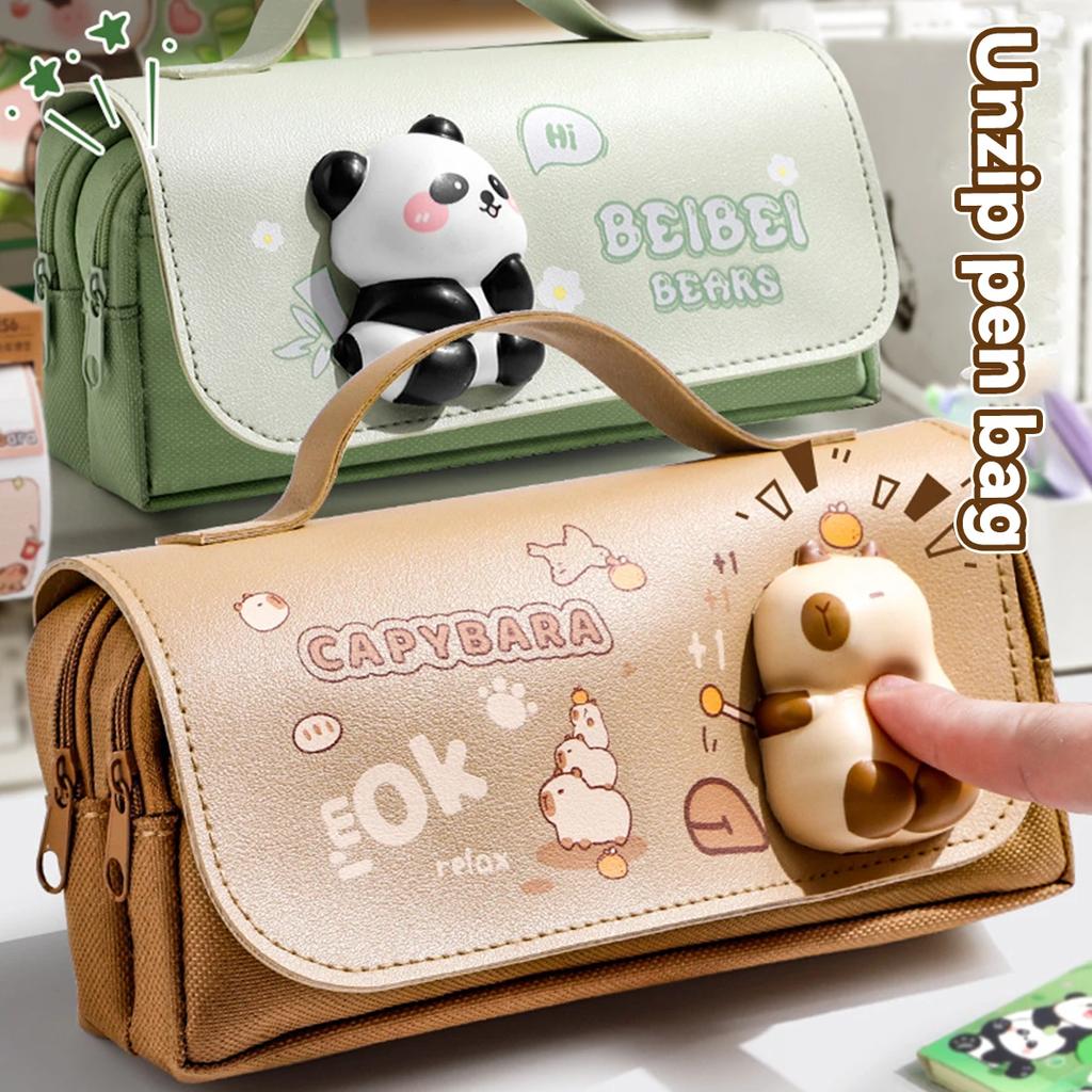 Capybara 3-layer Large Capacity Pencil Case Organizer for Girls Portable Cute Pencil Bag for Students Stationery Back To School