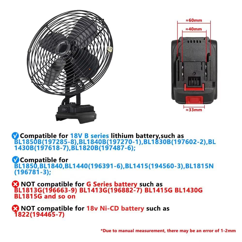 6/8In Camping Fan Outdoor Fishing Wireless Desktop Portable Metal Fan Strong Wind Fan For Makita/Dewalt/Milwaukee 18V BatteryPin