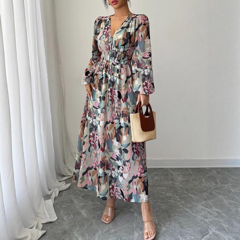 Elegantes und stilvolles bedrucktes V-Ausschnitt Korsettkleid für Damenfrühling und -sommer