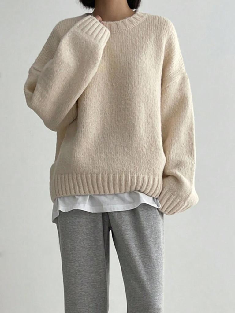 Autumn Winter Lazy Style Versatile Crewneck Thick Solid Knit Sweater Women's European Style Pullover Long Sleeve Sweater Top