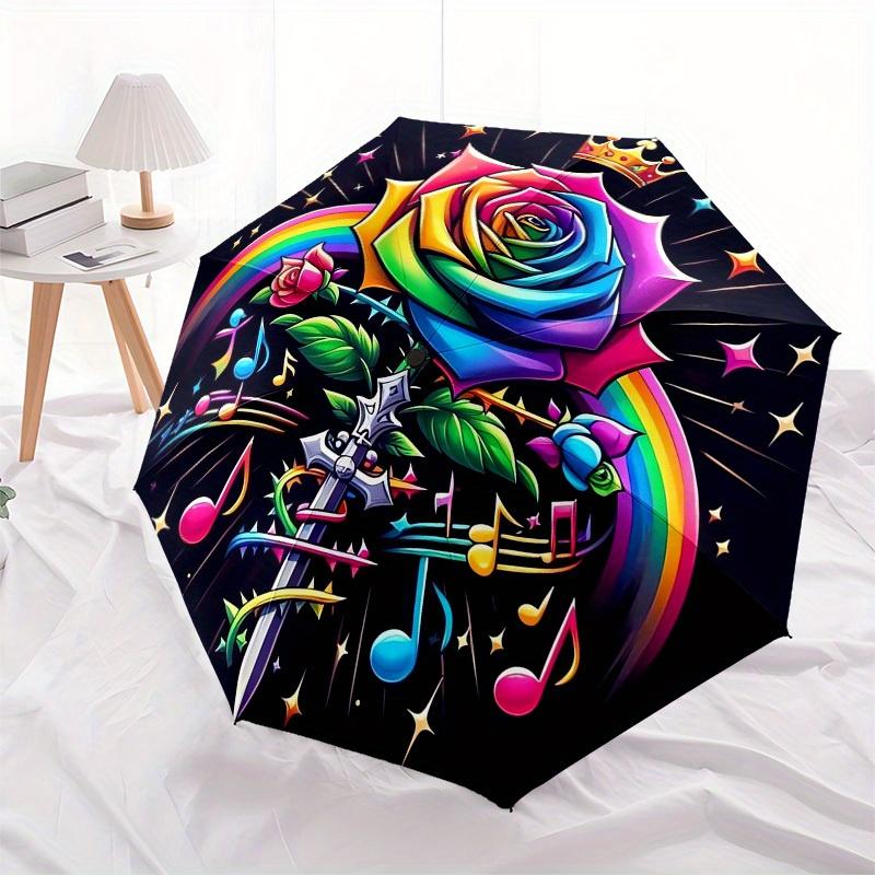 1pc Rainbow Rose with Crown and Music Notes Umbrella with Plastic Handle,Suitable for All Seasons Home Travel Outdoor UmbrellaB1909