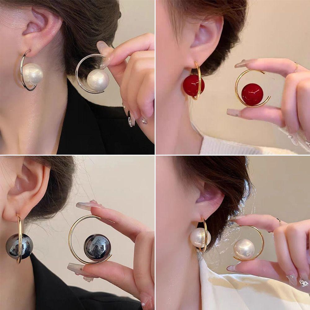 Imitation Pearl+Iron Charms Dangler Exaggerated Geometric Ear Studs Women Girls