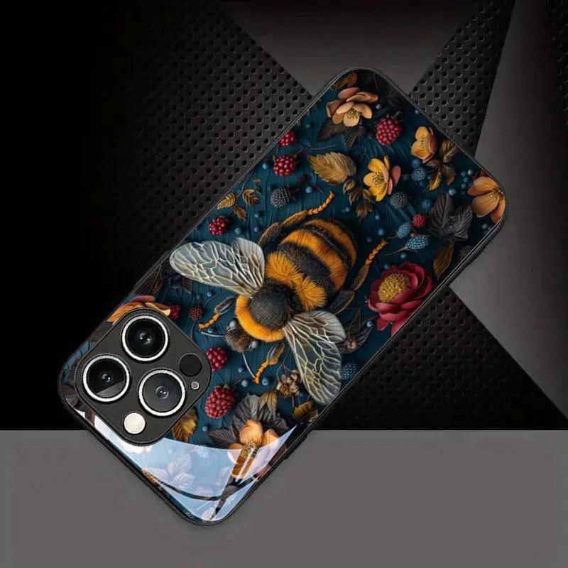 Berries Flowers Bees Pattern Tempered Glass Phone Case For iPhone 17 16 15 14 13 12 11 Pro Max 17 Air 7 8 Plus XR XS X Cover