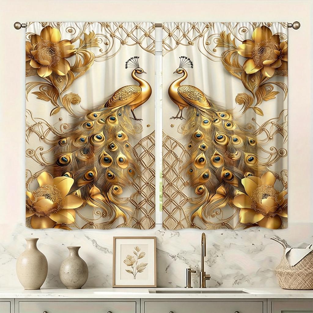Luxurious Gold Peacock Print Curtains, European-Style High-End Blackout Curtains for Living Room and Bedroom