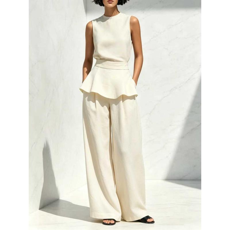 Elegant Commuting Pure Color Ruffled Hemmed Fitted Waistless Sleeveless Top Paired with Loose and Smooth Wide-leg Pants for Women's Two-piece Set